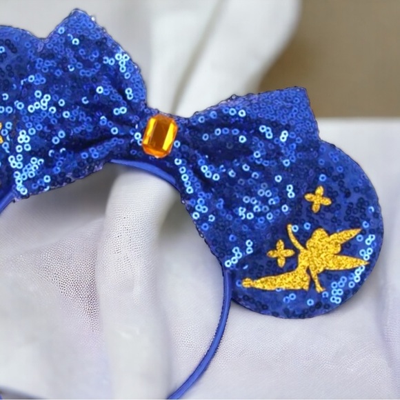 New Tinkerbell Headband w/ Blue Sequin Bow & Gold Gemstone - Disney Inspired! - Picture 3 of 6